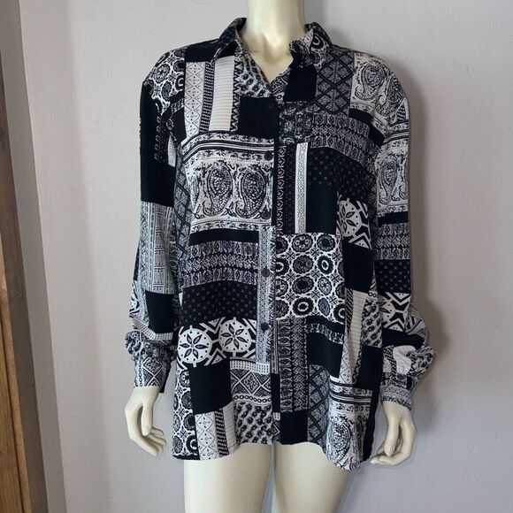Vintage 90’s Alia Black And White Patchwork Print Oversized Button Down Shirt Wo - Picture 7 of 8